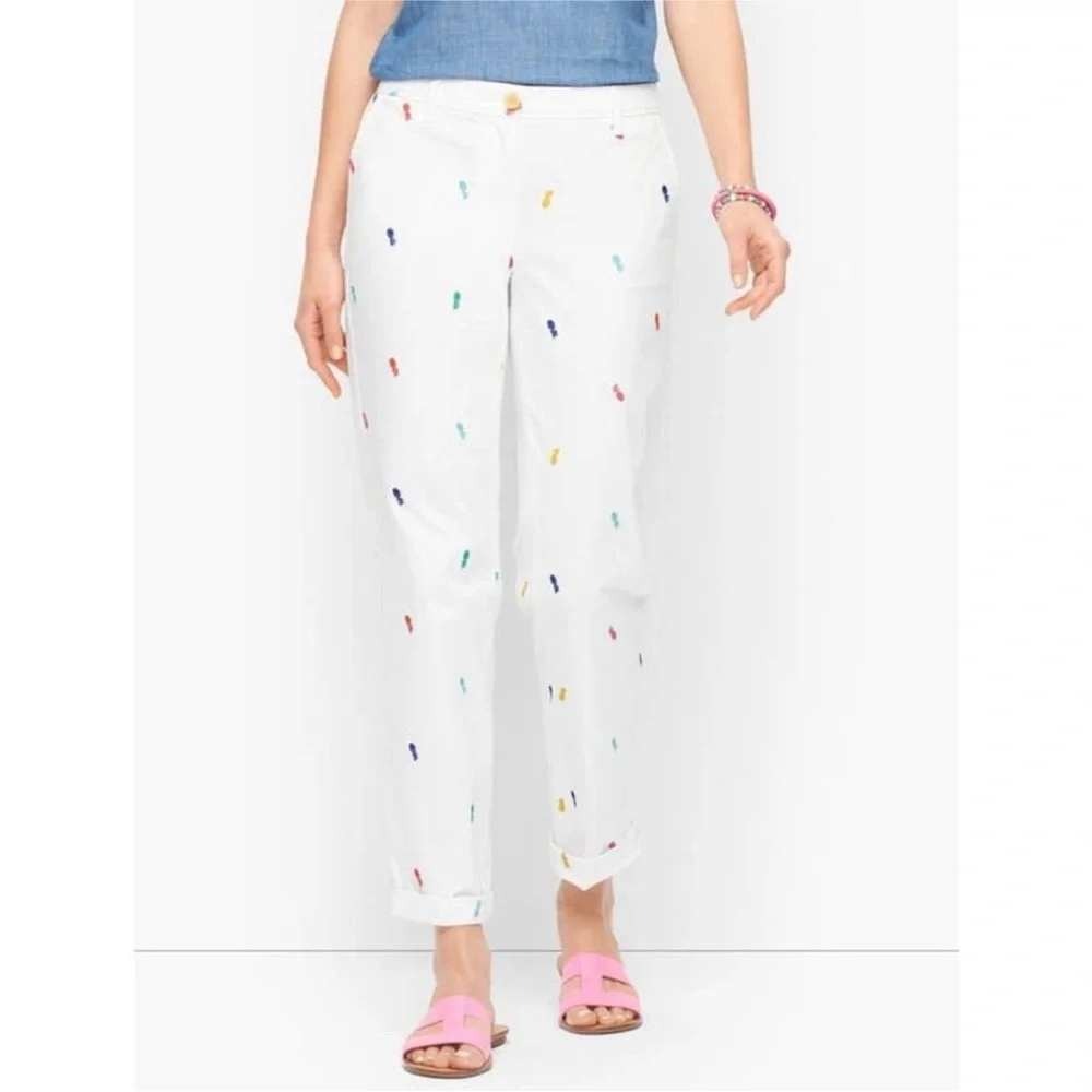 Talbots Relaxed Chino Pants Womens White Pineapple Embroidered Preppy Size 16
